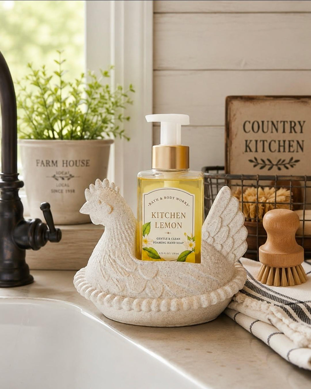 Farmhouse Chicken Soap Holder | Rustic Kitchen Sink Soap Caddy | Decorative Foaming Soap Dispenser Stand | Country Kitchen Decor
