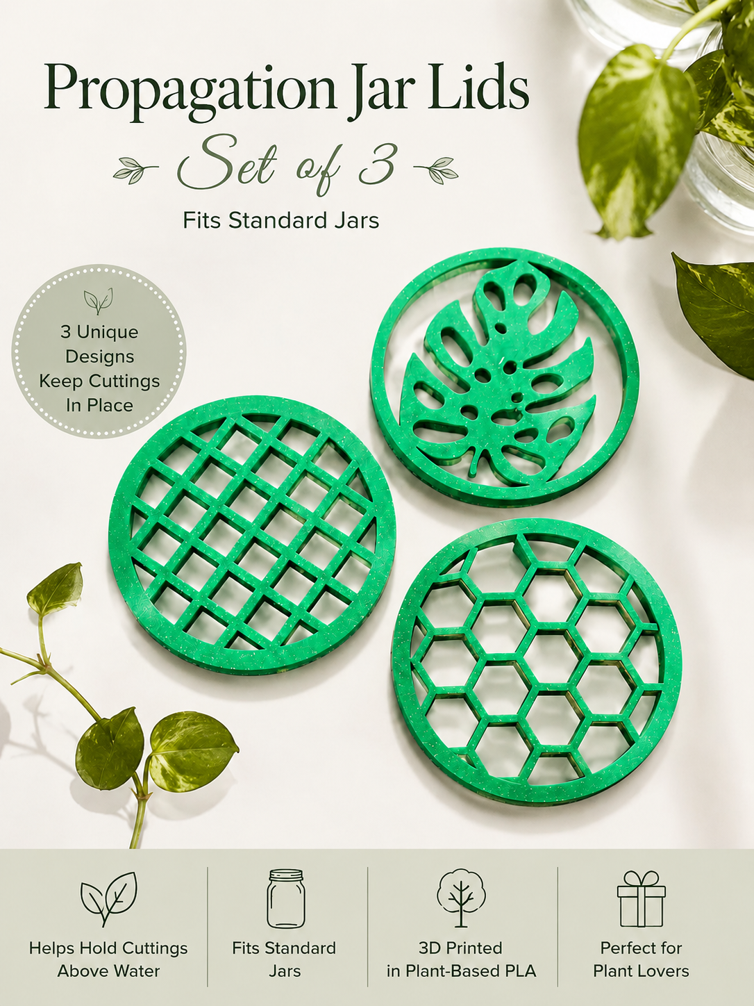 Propagation Lids | Fits Standard Jars | Plant Cutting Holder | Set of 3